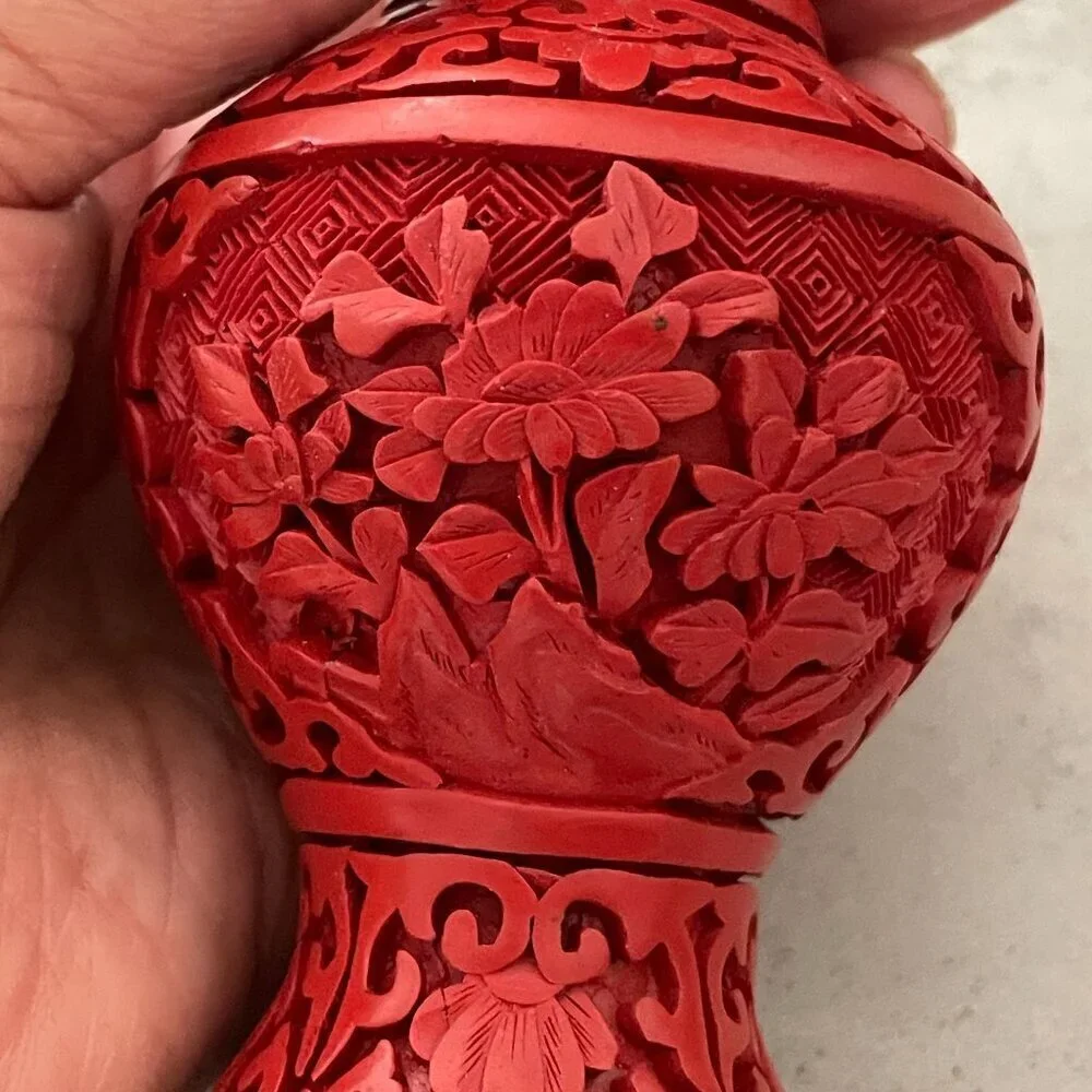 Vintage Red Cinnabar Blue Enamel Brass Hand Carved Lacquer Bud Small Vase 4.25